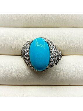 HSN Sterling Silver Ring Turquoise Blue size 8 Oval CZ Cocktail 925 Deco